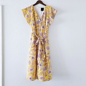 Alex Marie yellow floral dress size 8 V neckline self tie waist lined a-line
